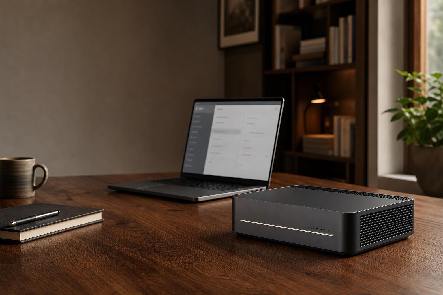 AI-assisted design concept of the Private One local intelligence system in a modern home office